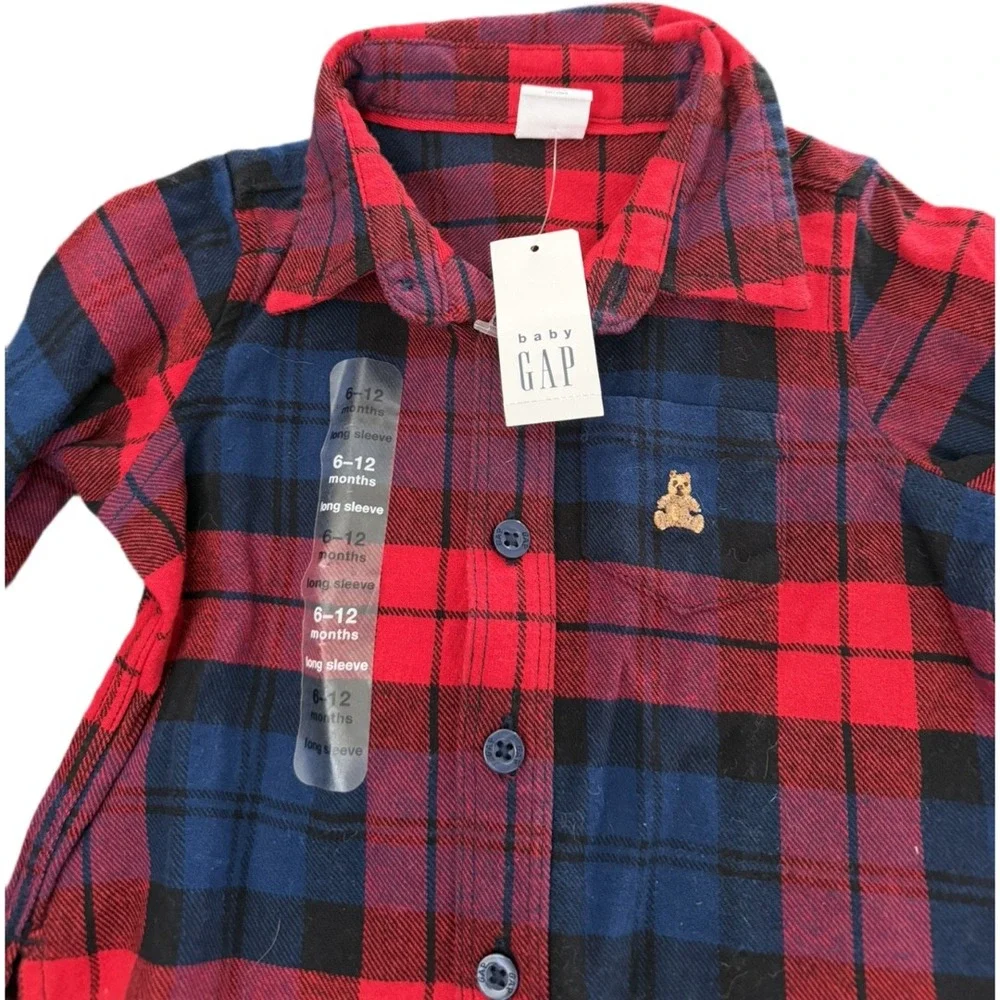 Baby Gap 6-12M Red Navy Plaid Flannel Button Down Shirt Bear Logo NWT